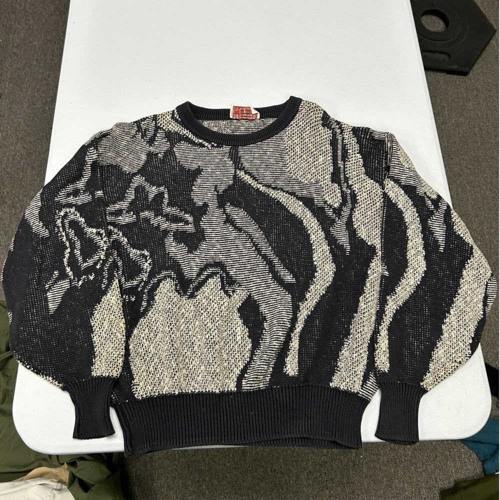 Lord Jeff Sweater Mens L Black Cream Abstract Intarsia Knit Cotton Vintage USA